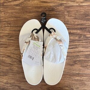 NEW!! CROCS White Flip Flops with Beige Camo Straps